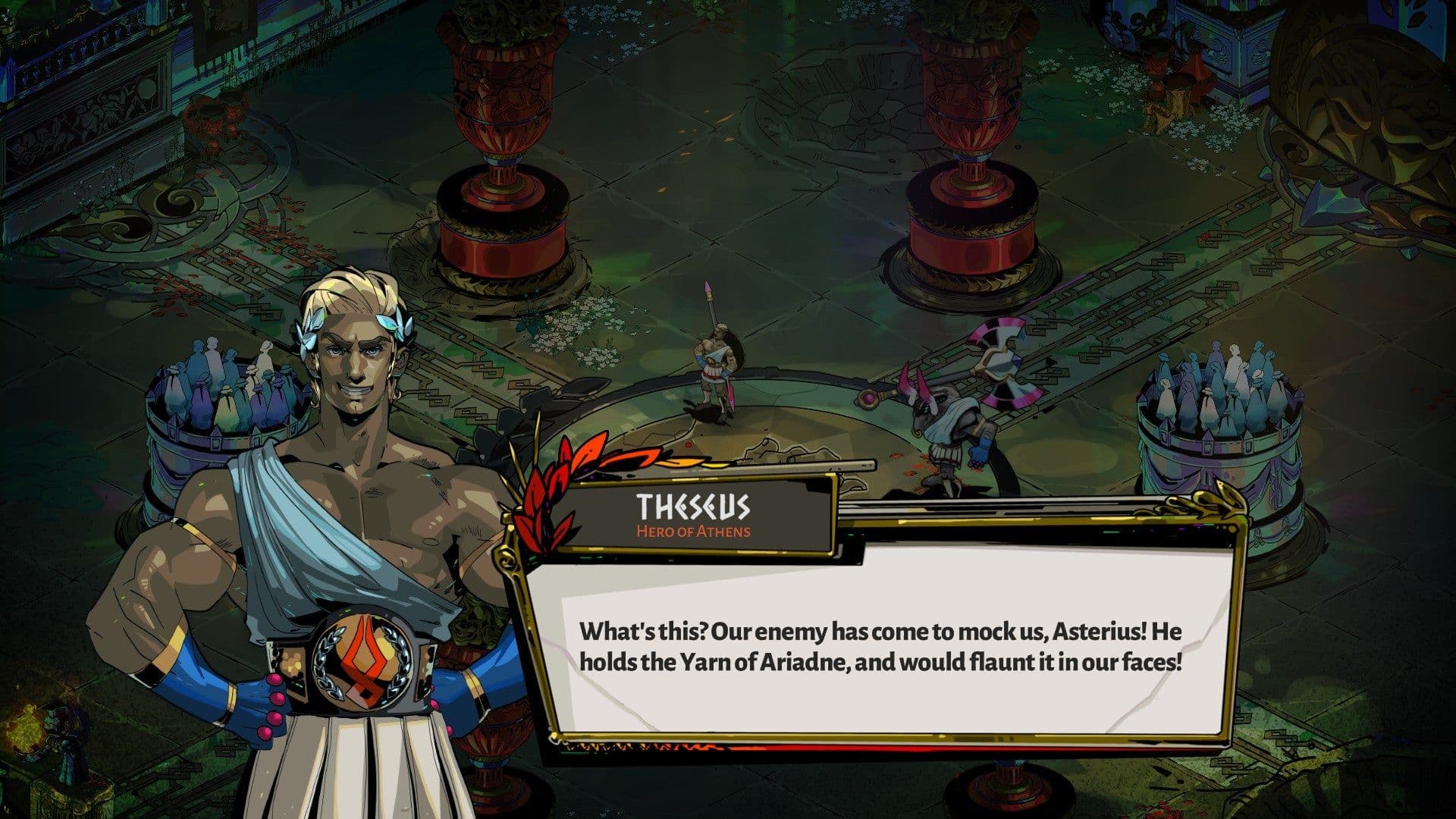 Theseus and Asterius discuss the Yarn of Ariadne in Hades, a key item for preparing for their boss fight.