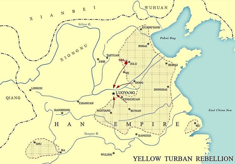 Map of the Yellow Turban Rebellion showing early factional conflict in War of the Three Kingdoms.