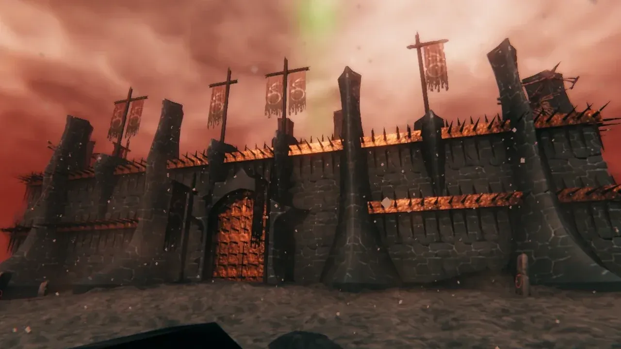 Exterior of a Charred Fortress in the Ashlands, with black stone walls, spiked battlements, banners, a closed gate, and a green beam above the tower.