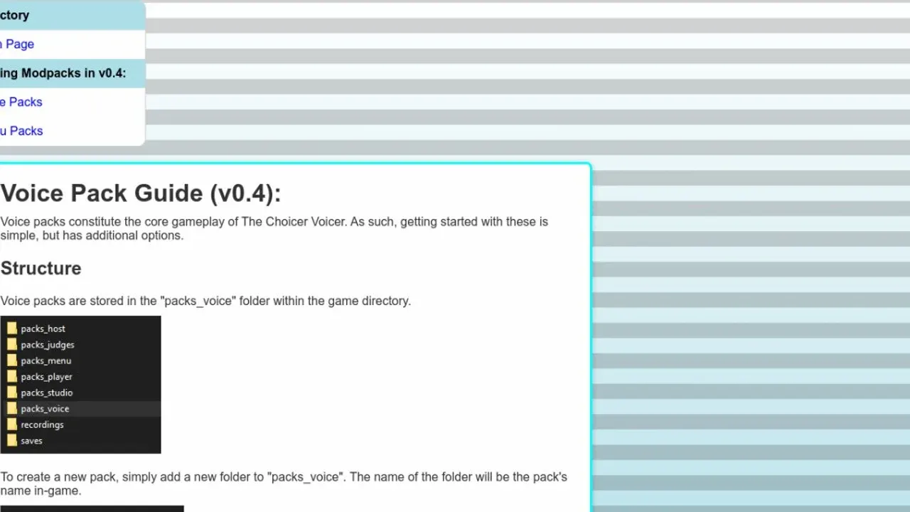 Official tutorial document for The Choicer Voicer detailing the installation path for custom voice pack subfolders.