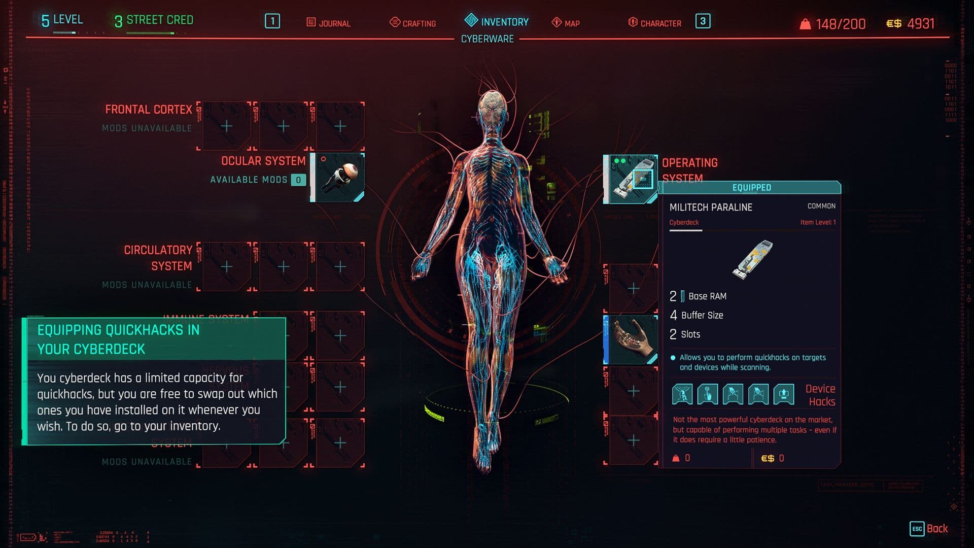 A menu in Cyberpunk 2077 shows quickhacks available for purchase with Eurodollars.