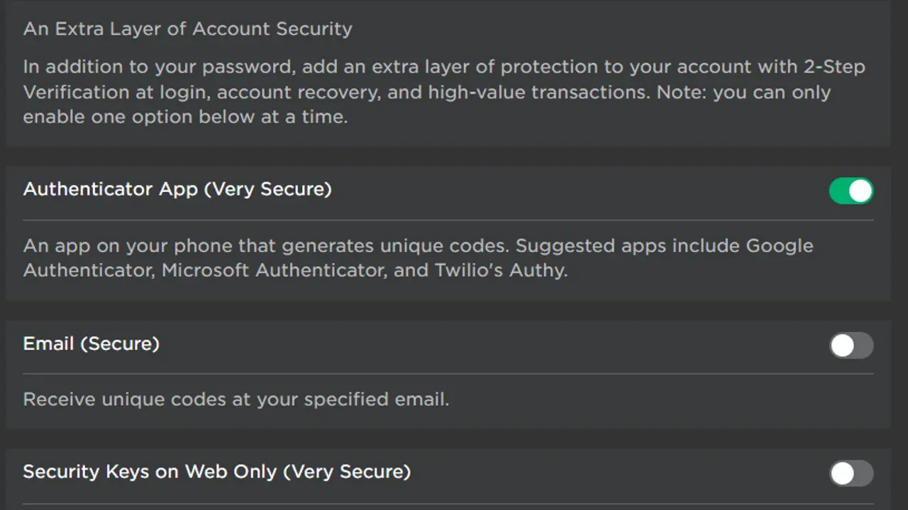 The Roblox security settings menu showing options for Authenticator App, Email, and Security Keys for 2FA.