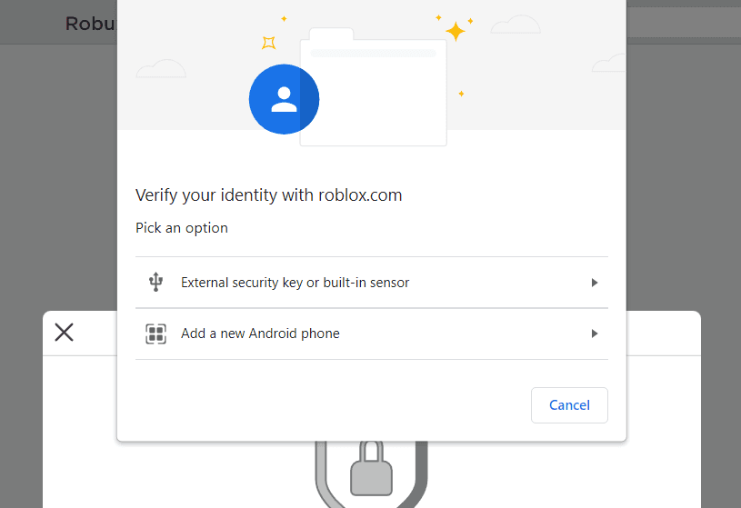 Aviso de inicio de sesión de Roblox que ofrece verificación a través de una llave de seguridad externa o un sensor biométrico integrado.