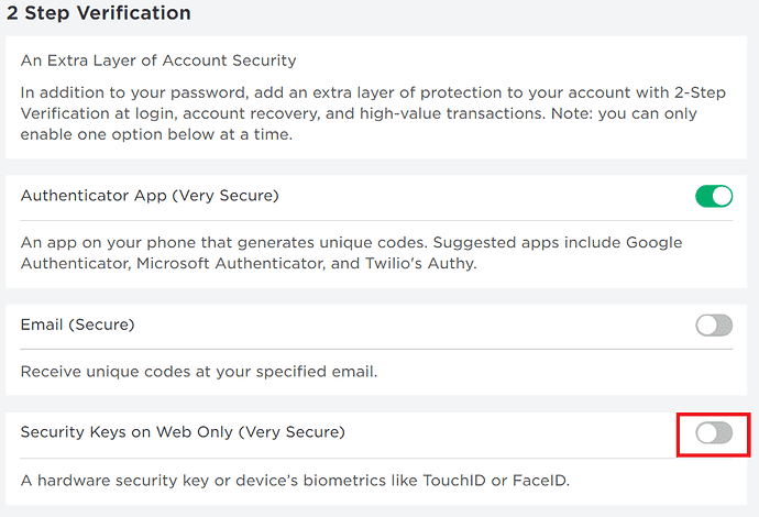 El primer paso para activar las llaves de seguridad en el menú de configuración de la cuenta de Roblox.