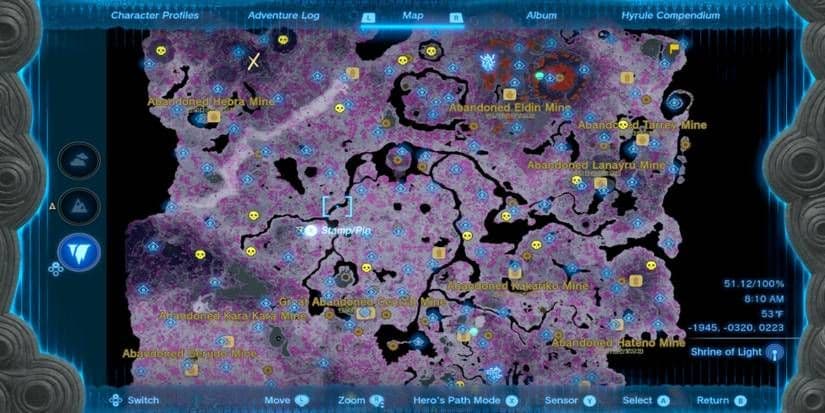 Detailed navigation map of the Depths region in Zelda: Tears of the Kingdom highlighting Zonaite.
