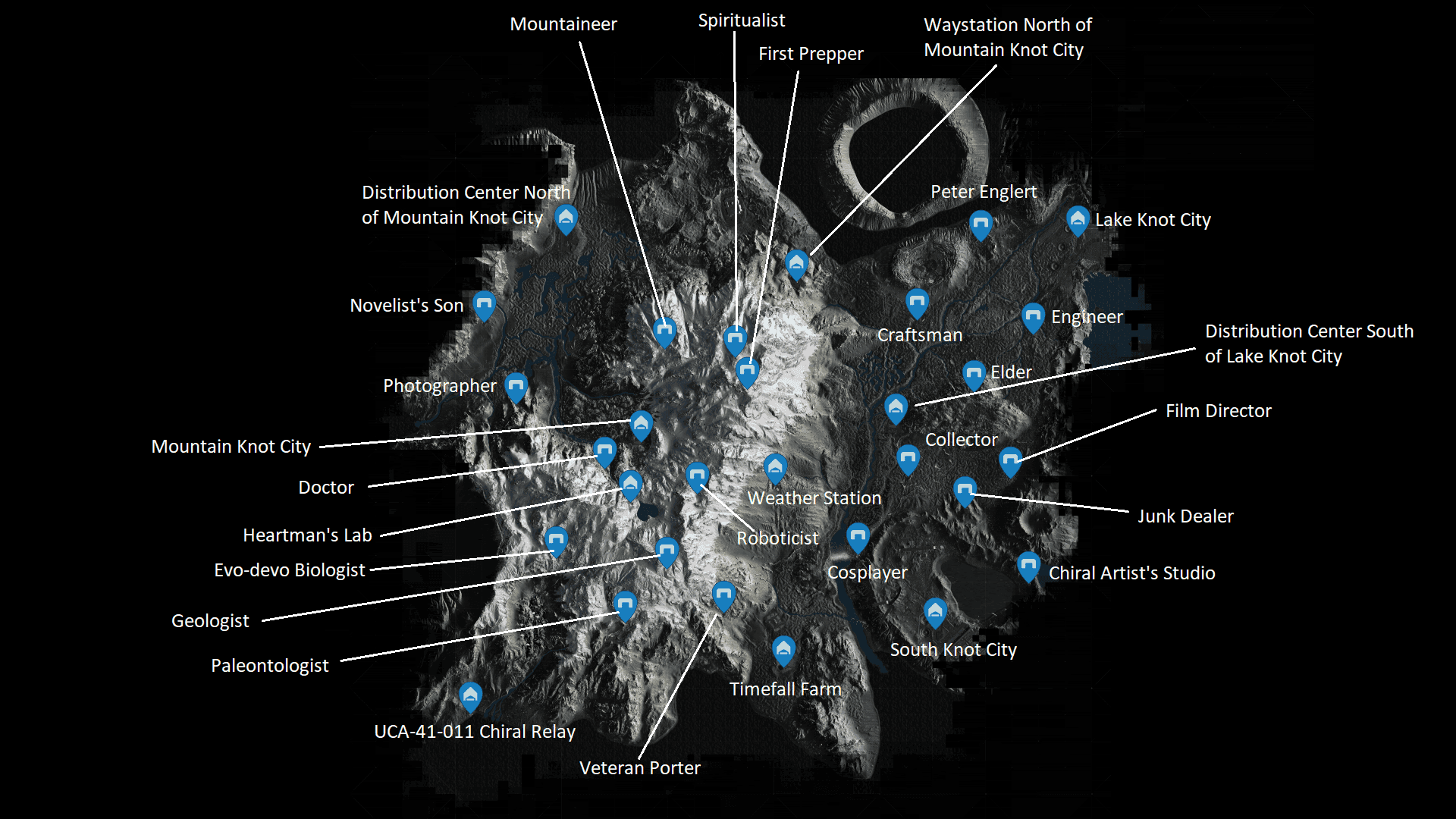 A detailed top-down map of Death Stranding showing MULE camp locations near Lake Knot City and Mountain Knot City.
