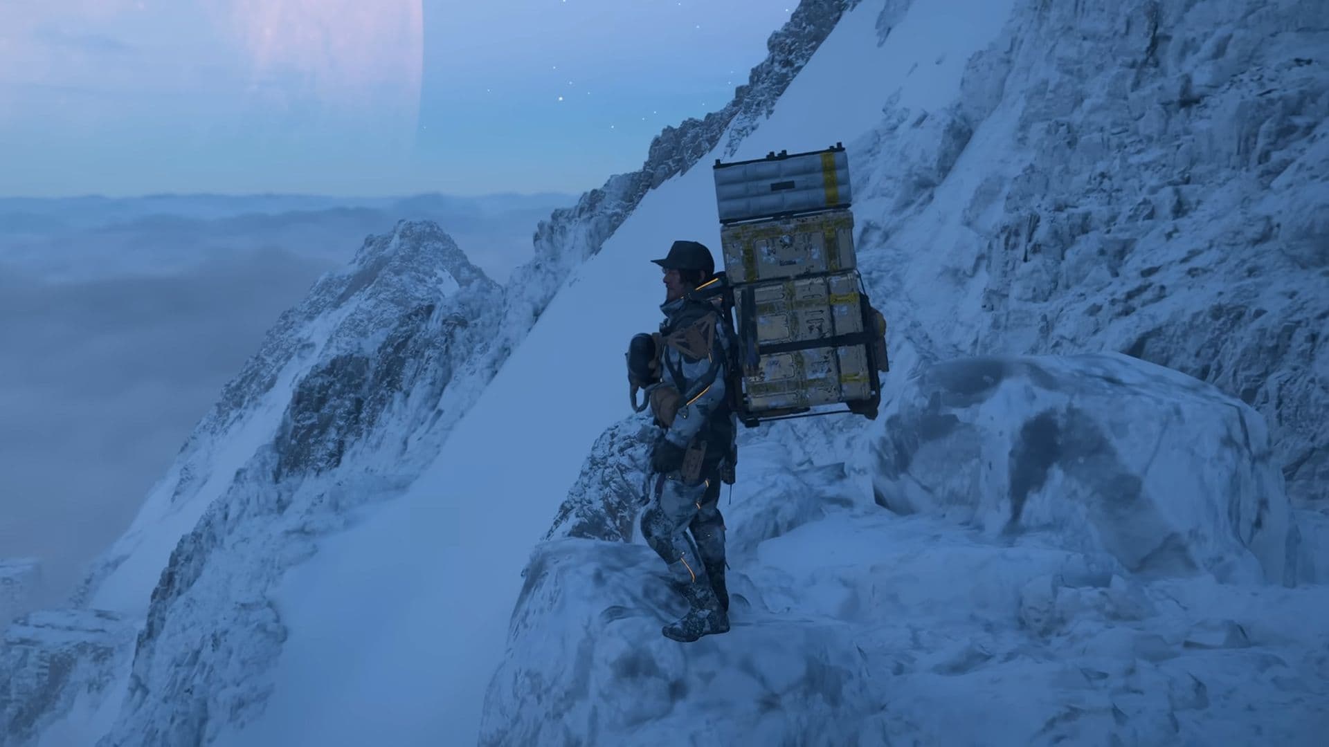 Sam Bridges navigating a steep mountain pass in Death Stranding 2.