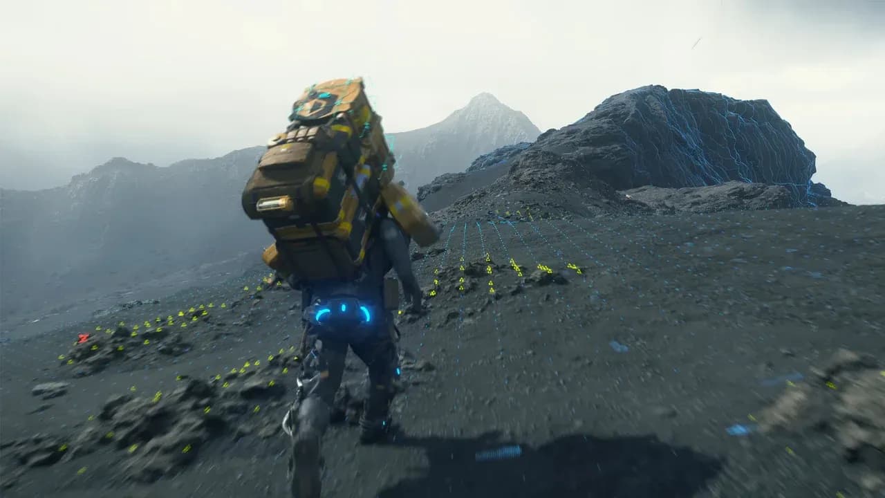 A character in a mechanical skeleton suit prepares to farm resins in Death Stranding 2 On the Beach.