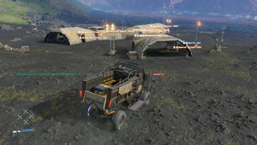 A delivery vehicle in Death Stranding carrying supplies across a rocky volcanic landscape.