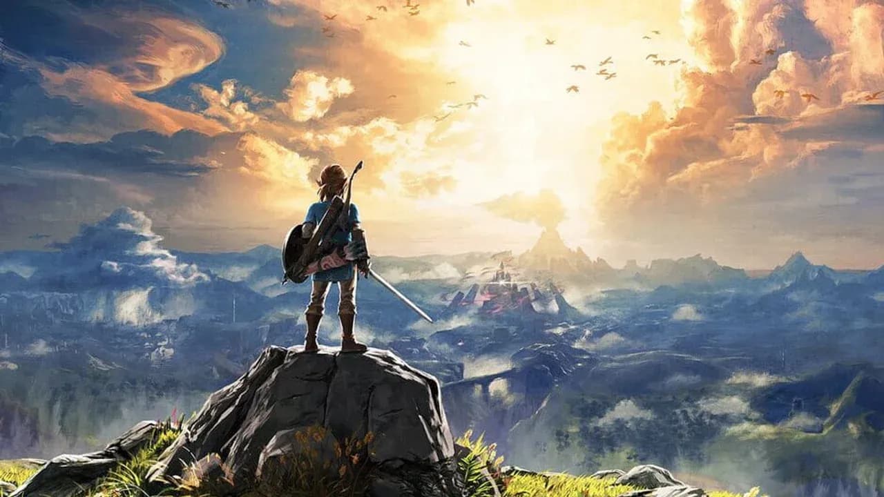 Link aims an Ancient Arrow at a Guardian Stalker in The Legend of Zelda: Breath of the Wild.