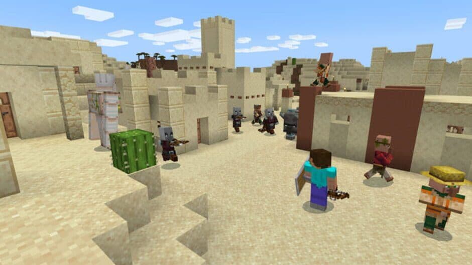 Captura de pantalla oficial de Minecraft que muestra el mundo de bloques y las mecánicas de supervivencia.