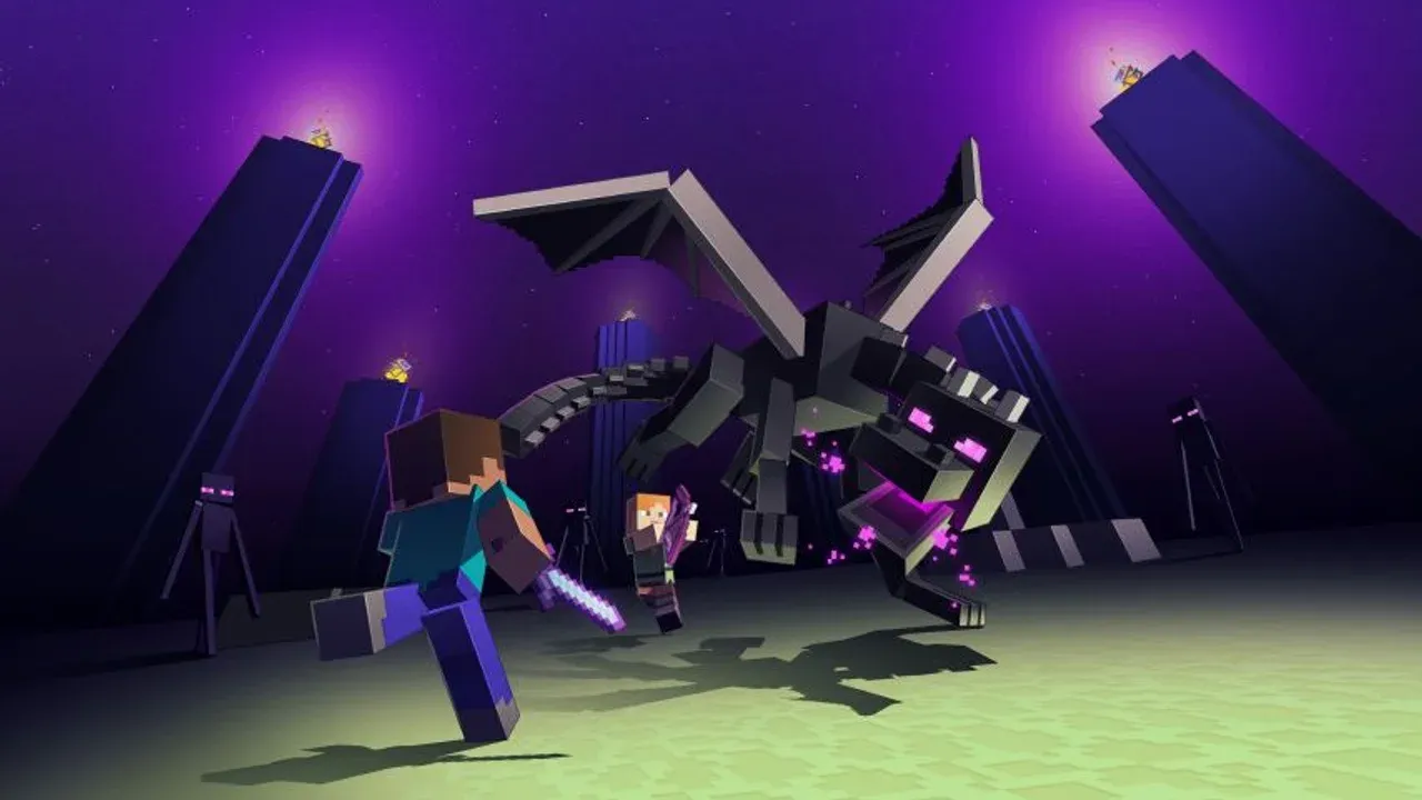 Minecraft players battle the Ender Dragon near obsidian pillars under a purple starry sky in The End dimension.