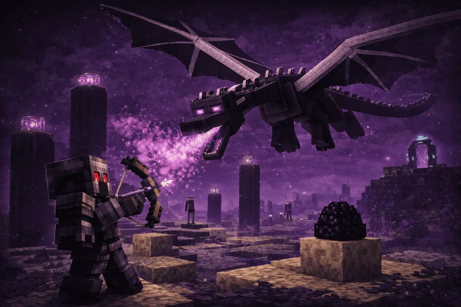 Un personaje de Minecraft apunta con un arco al Ender Dragon entre partículas púrpuras en la dimensión oscura.