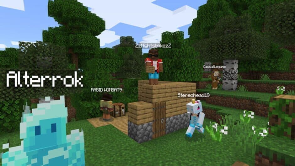Captura de pantalla oficial de Minecraft que presenta el icónico estilo artístico pixelado del juego sandbox.