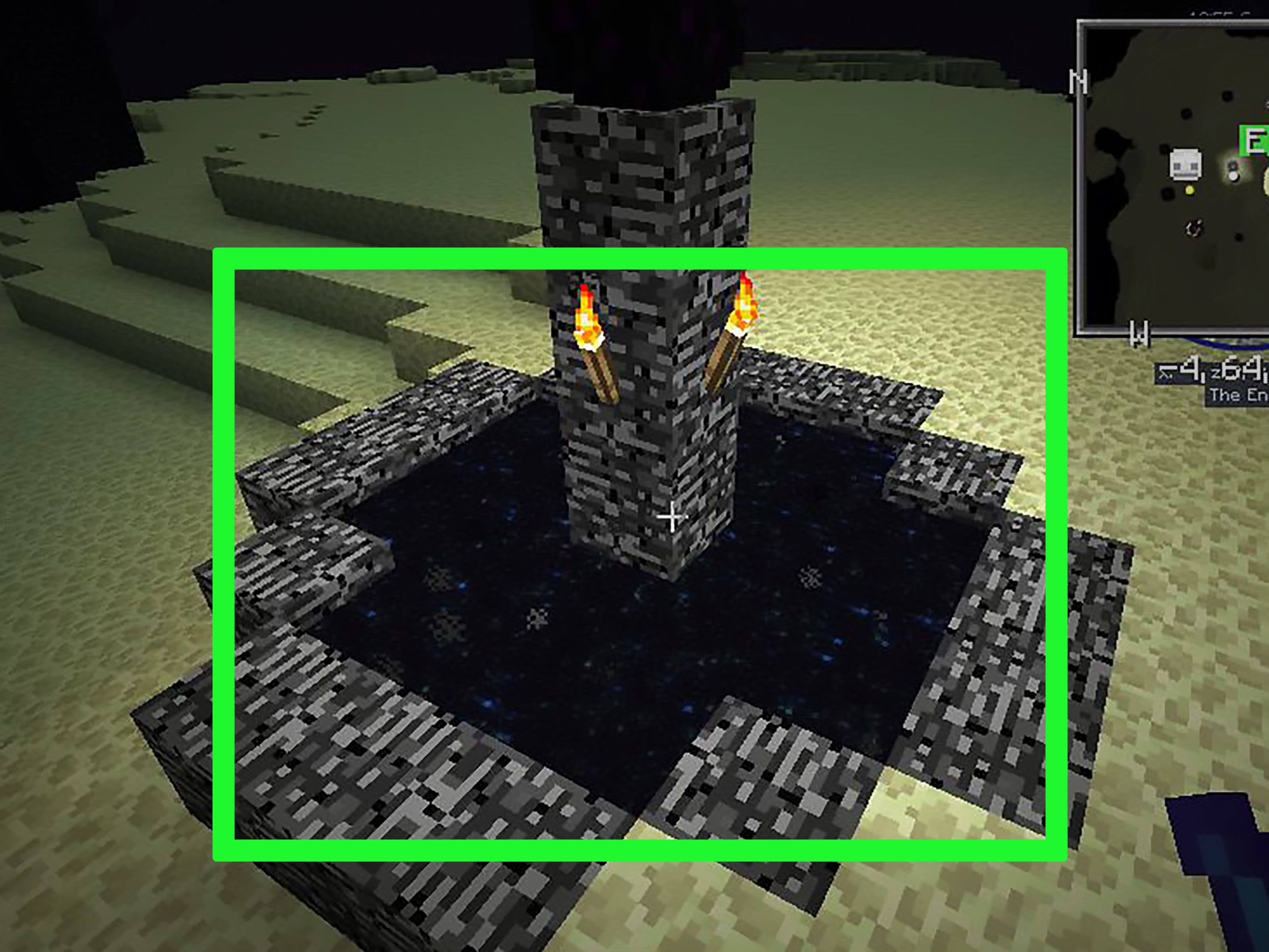 Un pilar de adoquines con antorchas en Minecraft marca la ubicación potencial de una fortaleza subterránea.