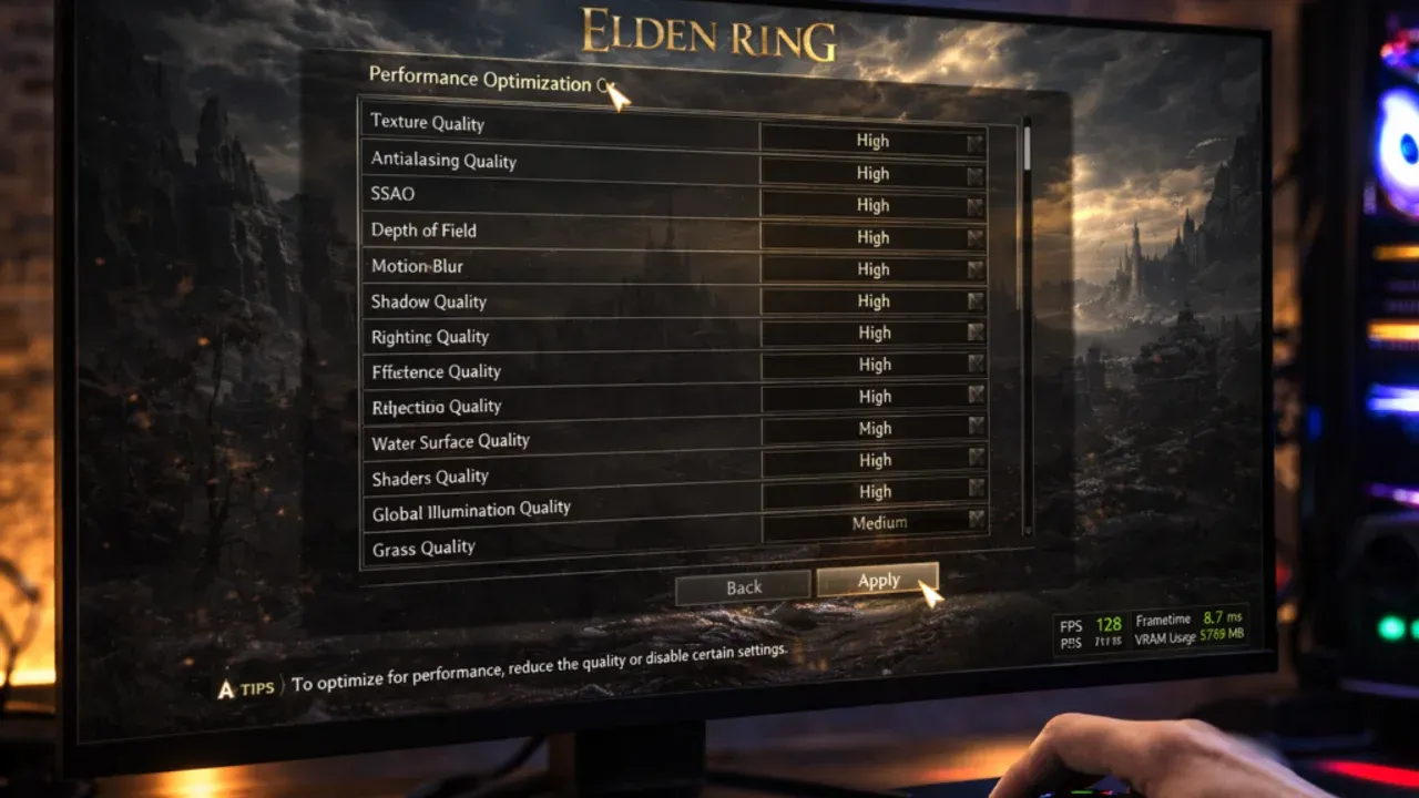 The Elden Ring in-game graphics settings menu used to adjust GPU usage and fix performance stuttering.