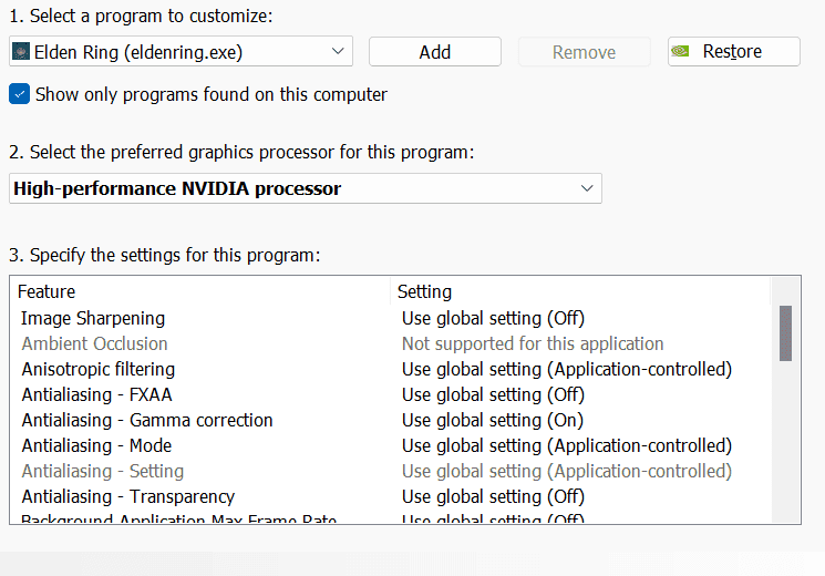 Ajustes del Panel de control de NVIDIA para Elden Ring mostrando opciones de configuración de nitidez de imagen y antialiasing.