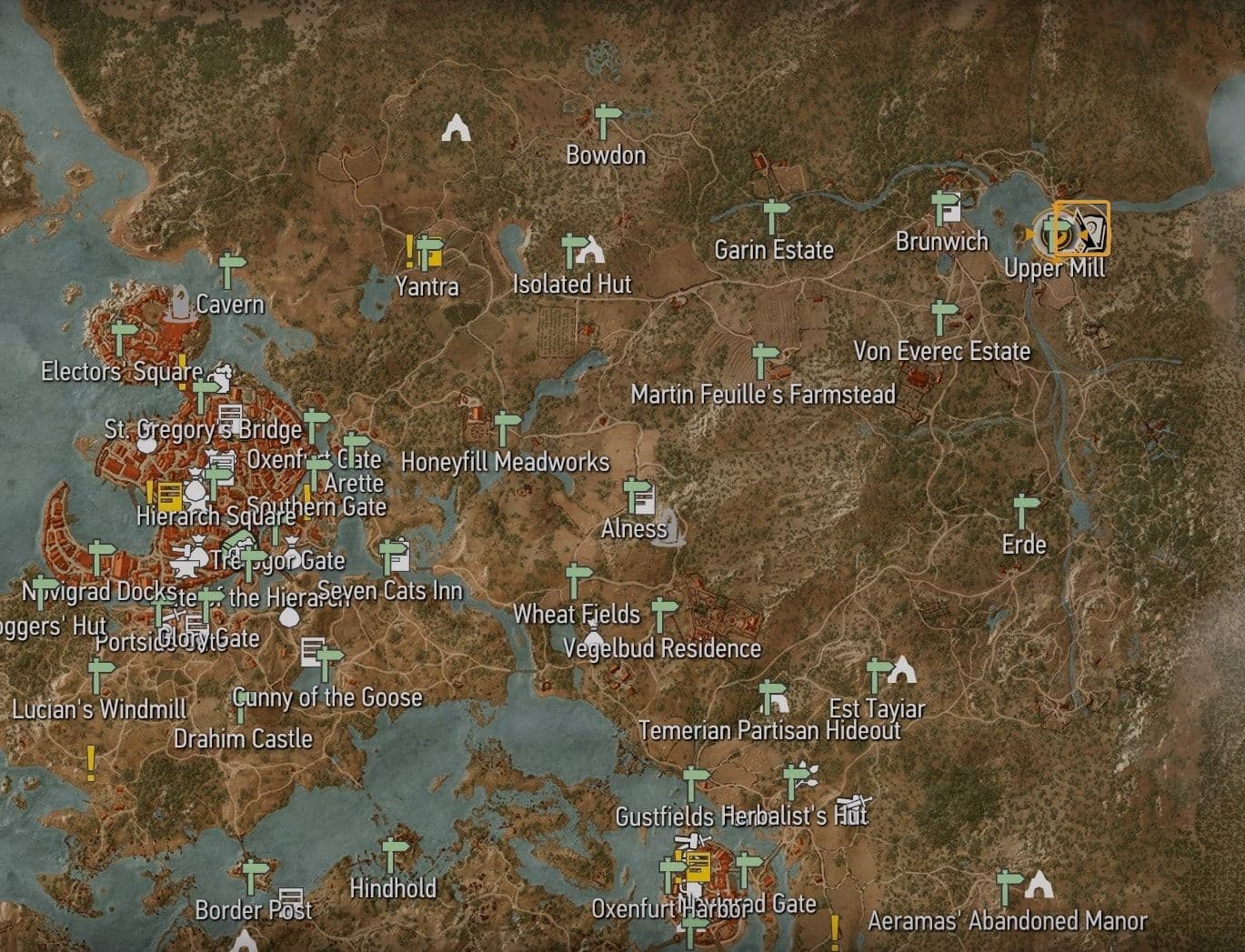 Map location of the Runewright NPC at the Upper Mill in Velen for The Witcher 3 upgrades.