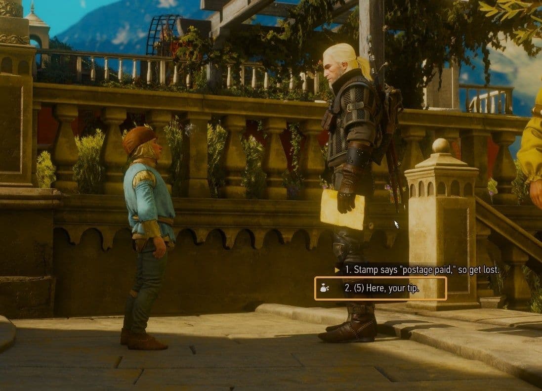 Geralt of Rivia tips a young messenger boy in The Witcher 3 to prove his Generosity.