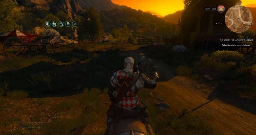 Geralt of Rivia rides his horse during the Honor trial in The Witcher 3 Blood and Wine.