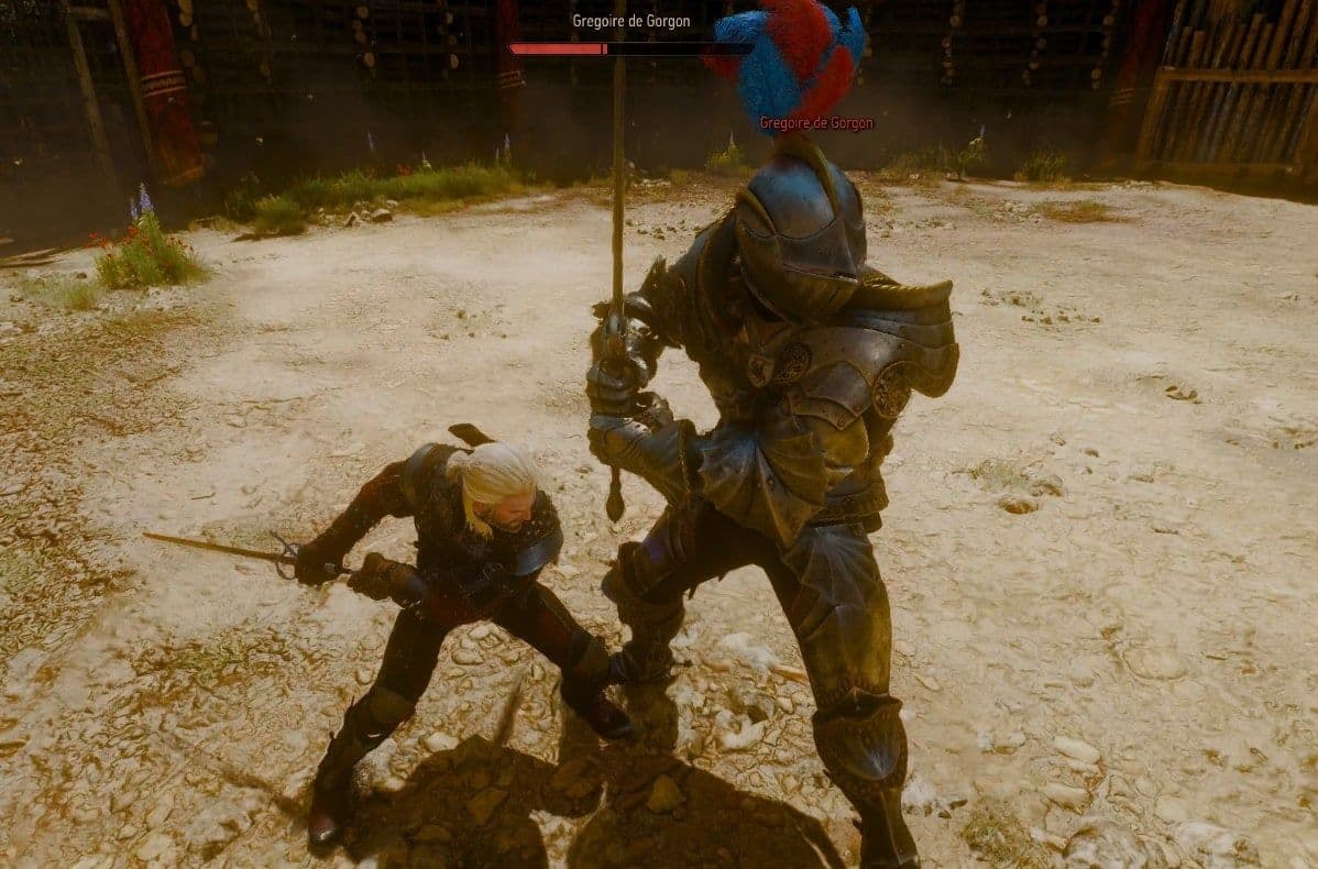 Geralt of Rivia fights Gregoire de Gorgon in The Witcher 3 tournament to prove his Valor.