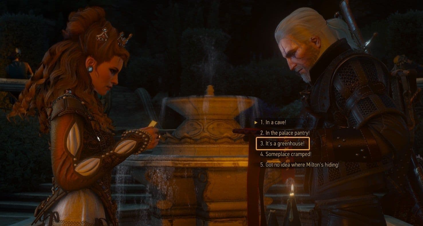 Geralt of Rivia solves a riddle to prove the virtue of Wisdom in The Witcher 3 Blood and Wine.