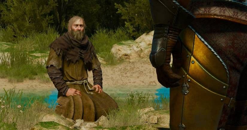 Geralt speaks with the Hermit at Lac Celavy in The Witcher 3 Blood and Wine.