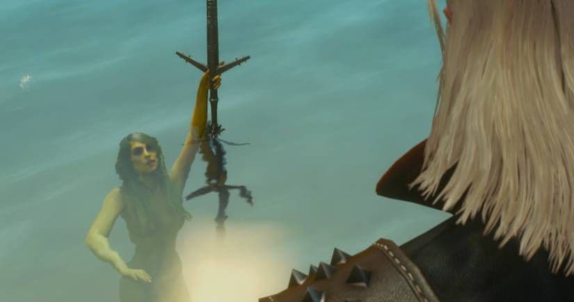 The Lady of the Lake presents the Aerondight sword to Geralt in The Witcher 3