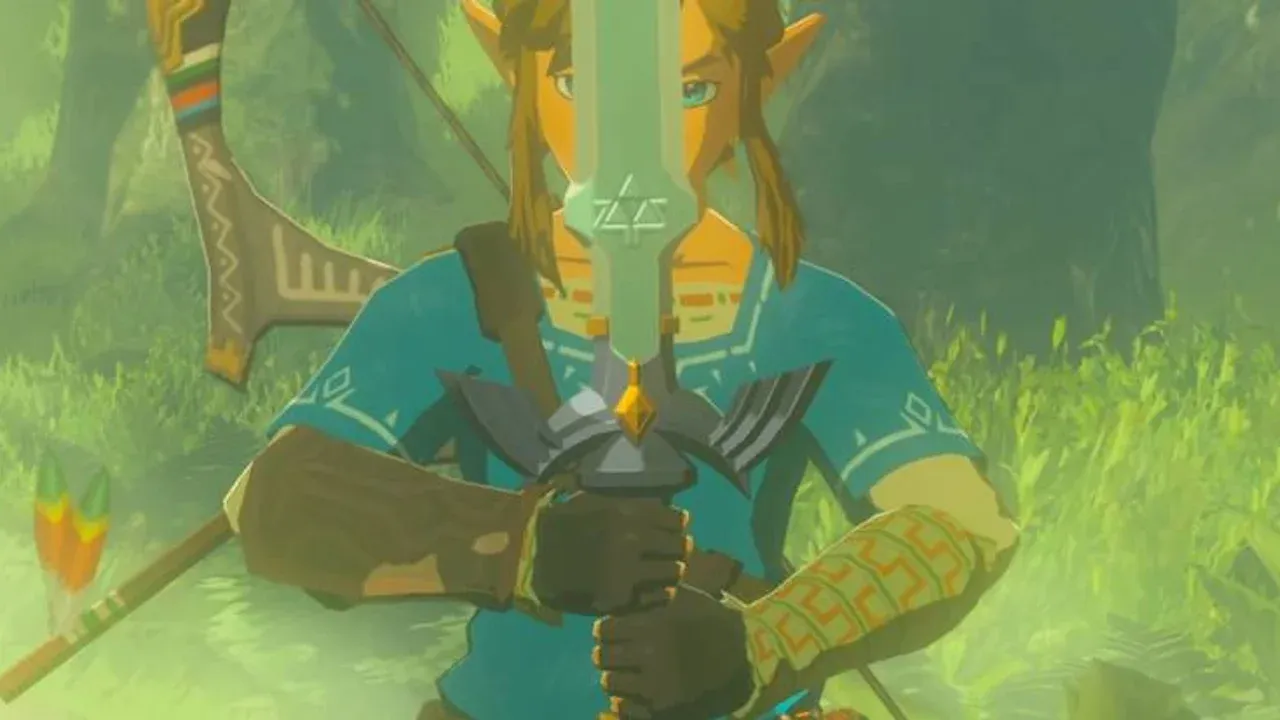 Link approaches the legendary Master Sword resting in its pedestal within Breath of the Wild's Korok Forest.