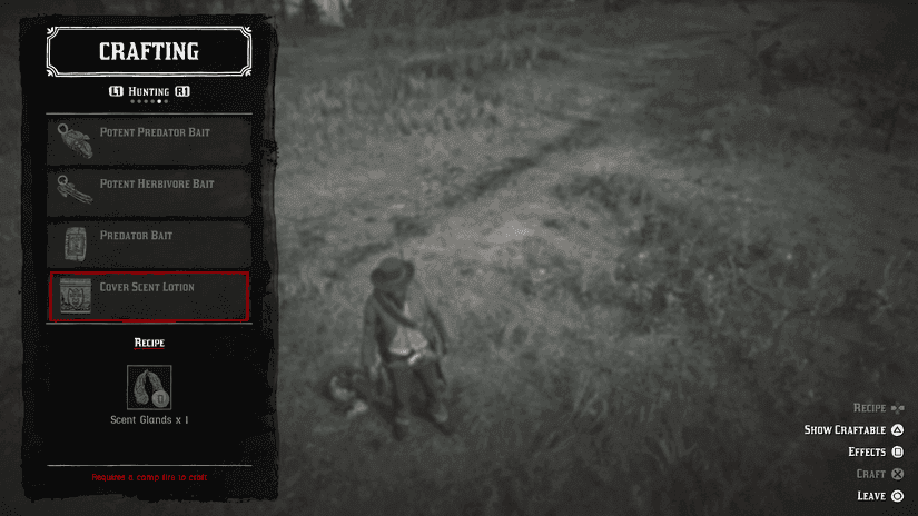 Arthur Morgan crafting cover scent lotion in Red Dead Redemption 2 to mask his scent from animals.