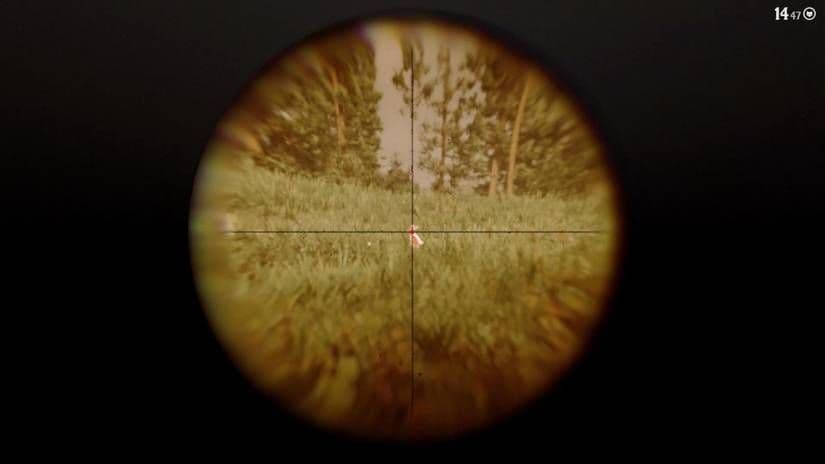 Using Dead Eye and a scoped varmint rifle to target a rabbit for a clean kill in Red Dead Redemption 2.