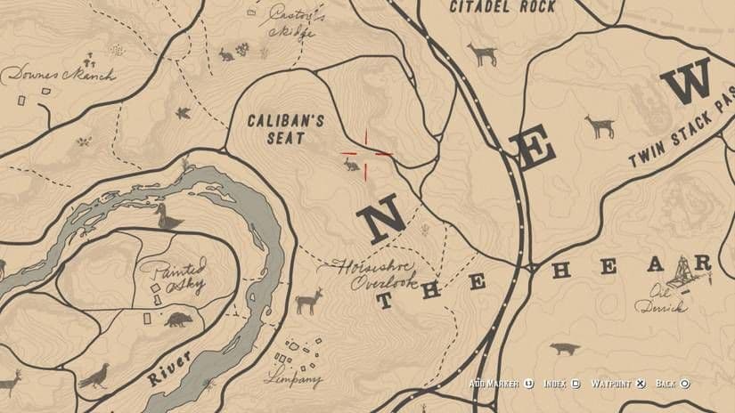 Map of animal locations for hunting and pelt gathering in Red Dead Redemption 2.