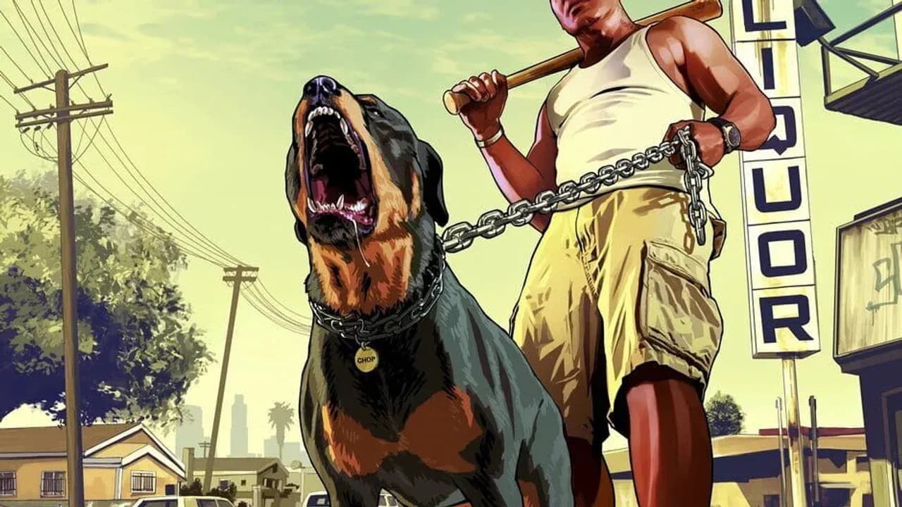 Michael De Santa holding a rifle in a classic Grand Theft Auto V character portrait artwork.
