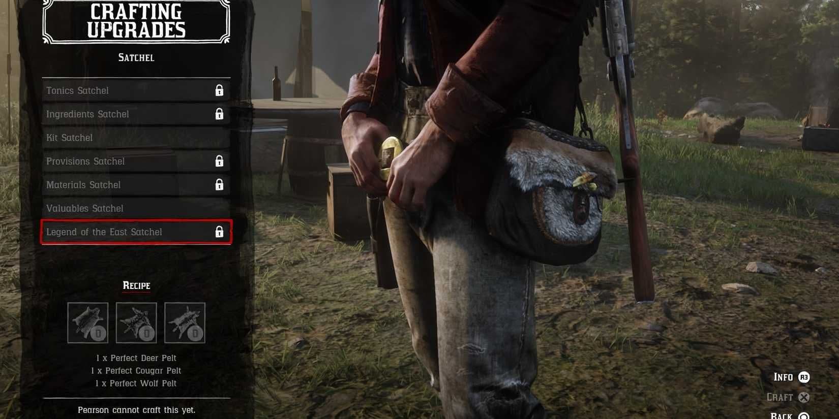 The satchel crafting menu in Red Dead Redemption 2 highlighting the Legend of the East upgrade path.