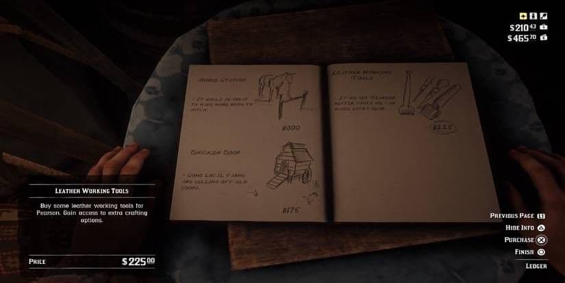 The Camp Upgrade ledger in Red Dead Redemption 2 showing available satchel and camp improvements.