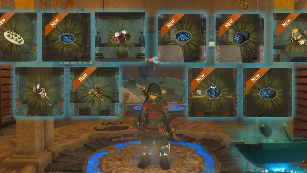 Link stands before Gloom resistance armor sets and Sundelion recipes in The Legend of Zelda: Tears of the Kingdom.