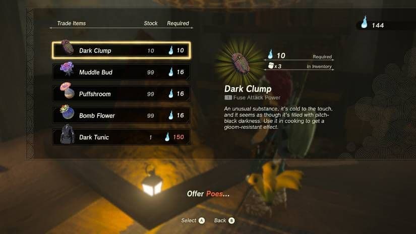 Trading menu in Tears of the Kingdom showing Dark Clumps used for Gloom-resistant crafting.