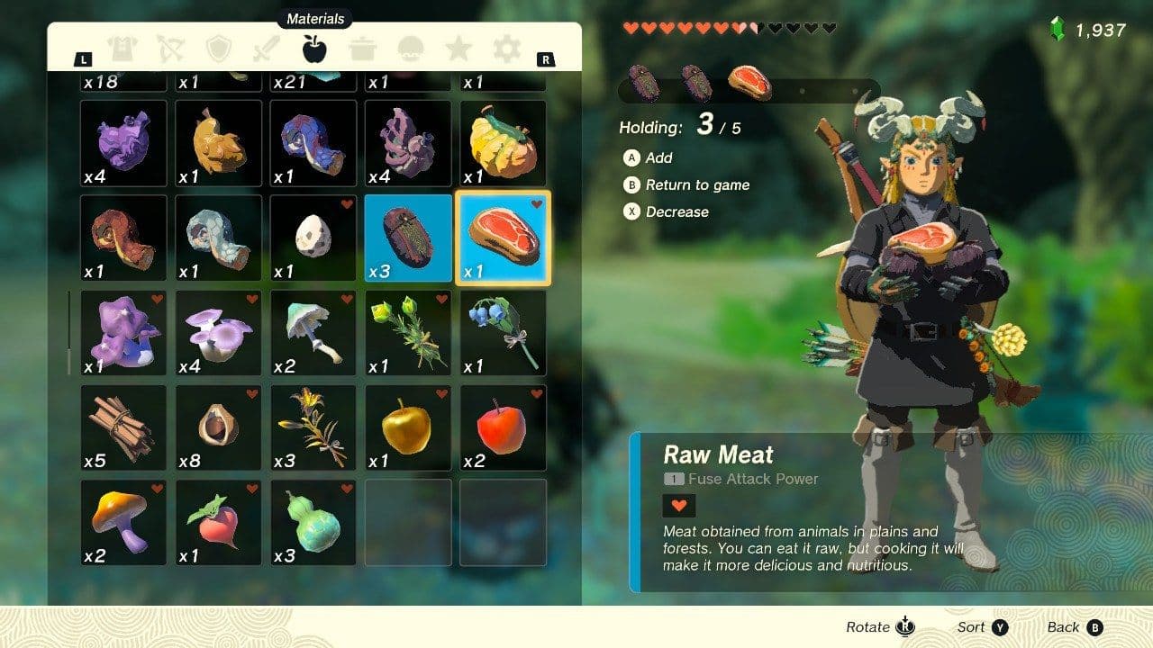 The inventory screen in Zelda: Tears of the Kingdom highlighting Sundelions for Gloom recovery.