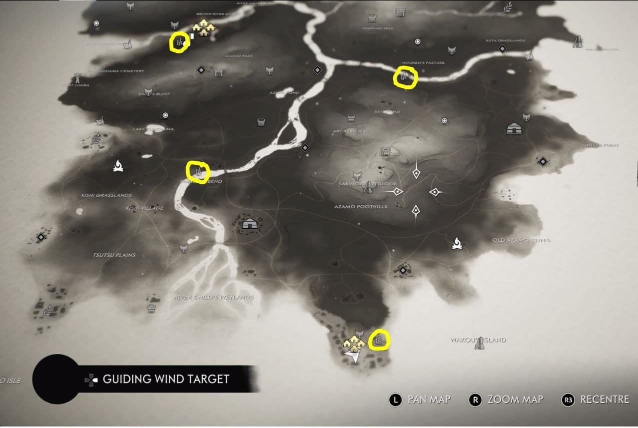 Ghost of Tsushima map highlighting specific hot spring and bamboo strike sites in Izuhara.