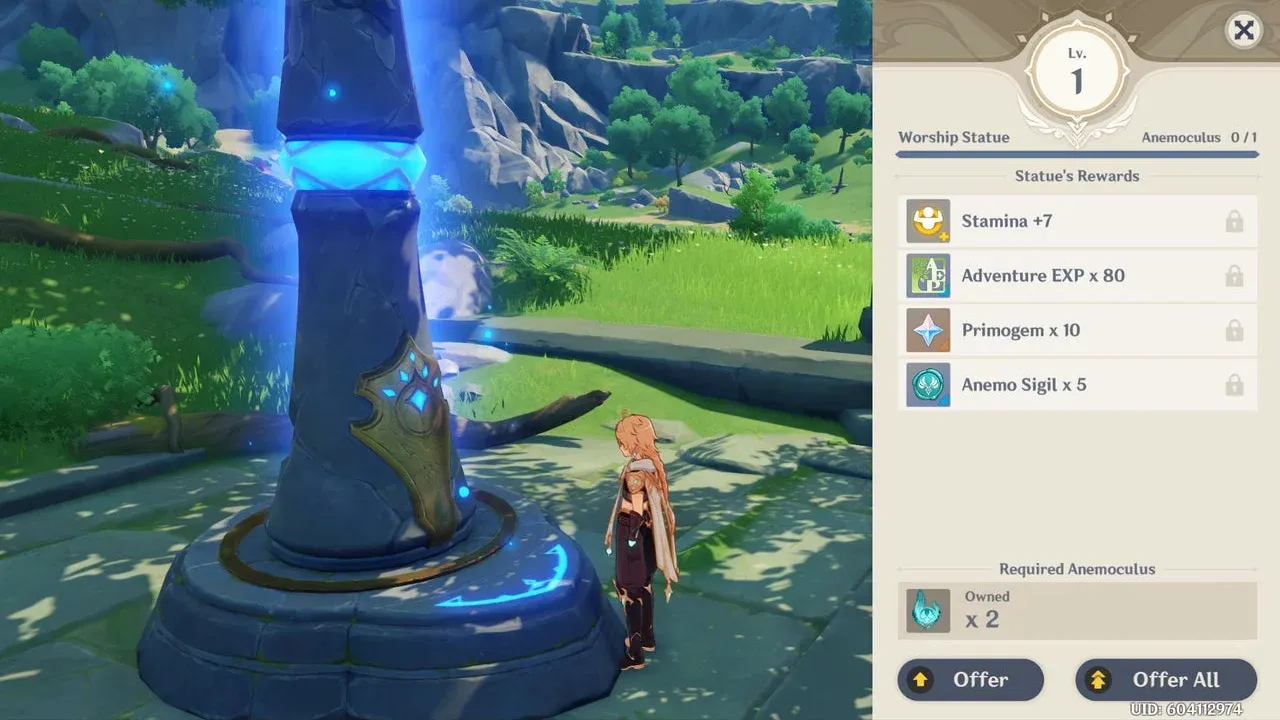 A Genshin Impact player interacts with a Statue of the Seven to earn Adventure EXP and Primogem rewards.