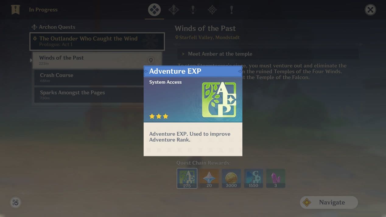 A Genshin Impact tutorial pop-up explaining how Adventure EXP increases Adventure Rank.