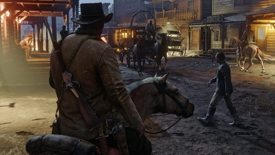 Red Dead Redemption 2 gameplay screenshot showing an intense shootout in a town.