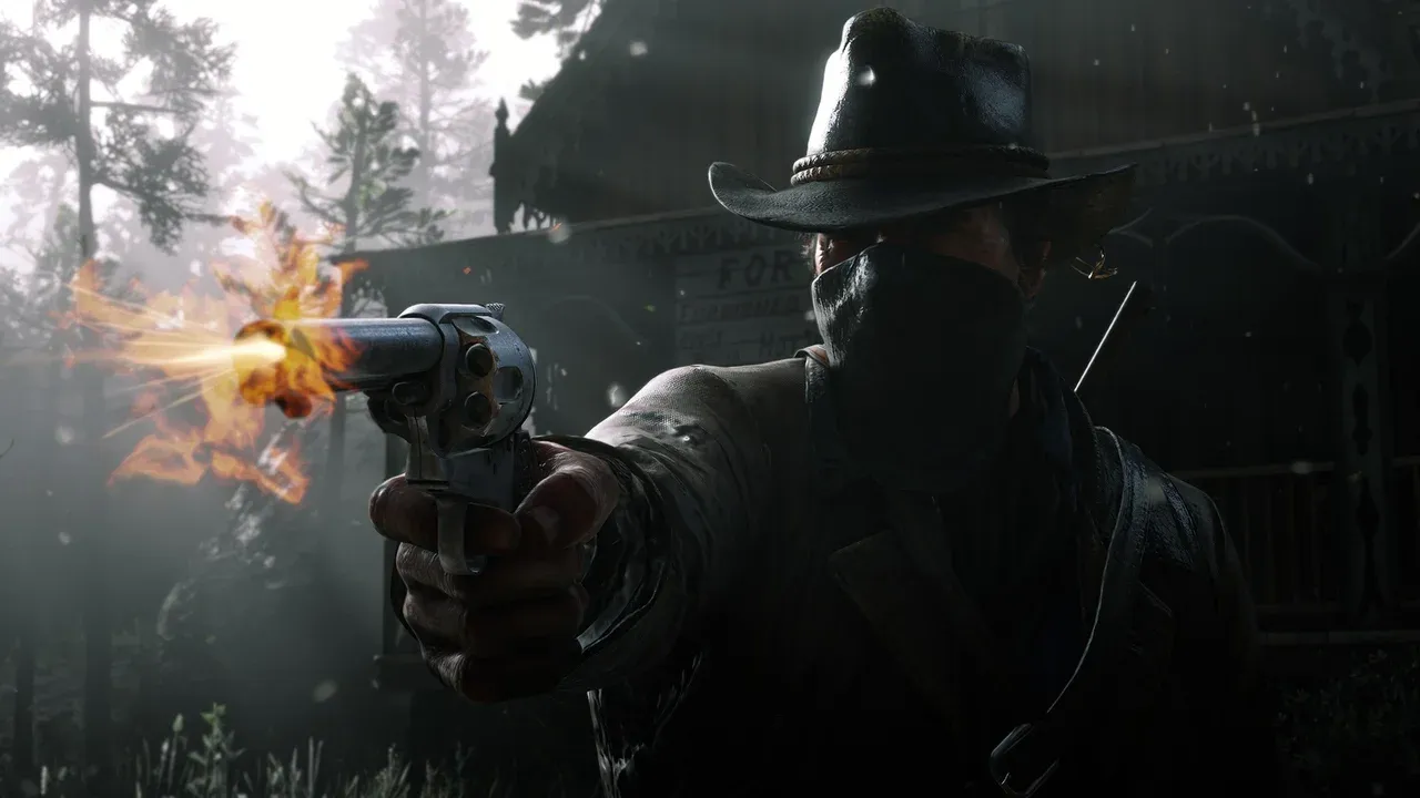 Arthur Morgan fires a revolver in Red Dead Redemption 2, showcasing the intensity of the Dead Eye mechanic.