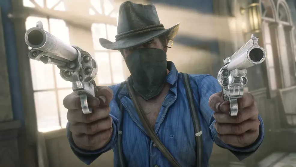 A character in Red Dead Redemption 2 dual-wielding revolvers while aiming at a target.