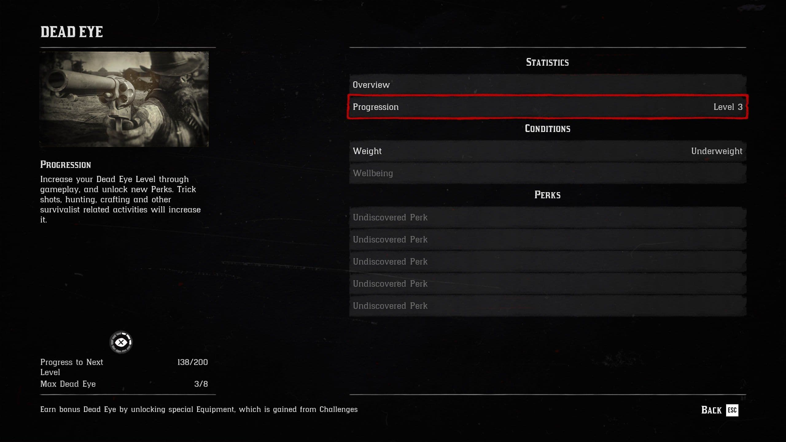 Red Dead Redemption 2 Dead Eye progression menu showing rank 3 details and unlock perks.
