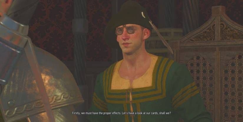 The Witcher 3 Scribe deck check interface for the High Stakes quest.