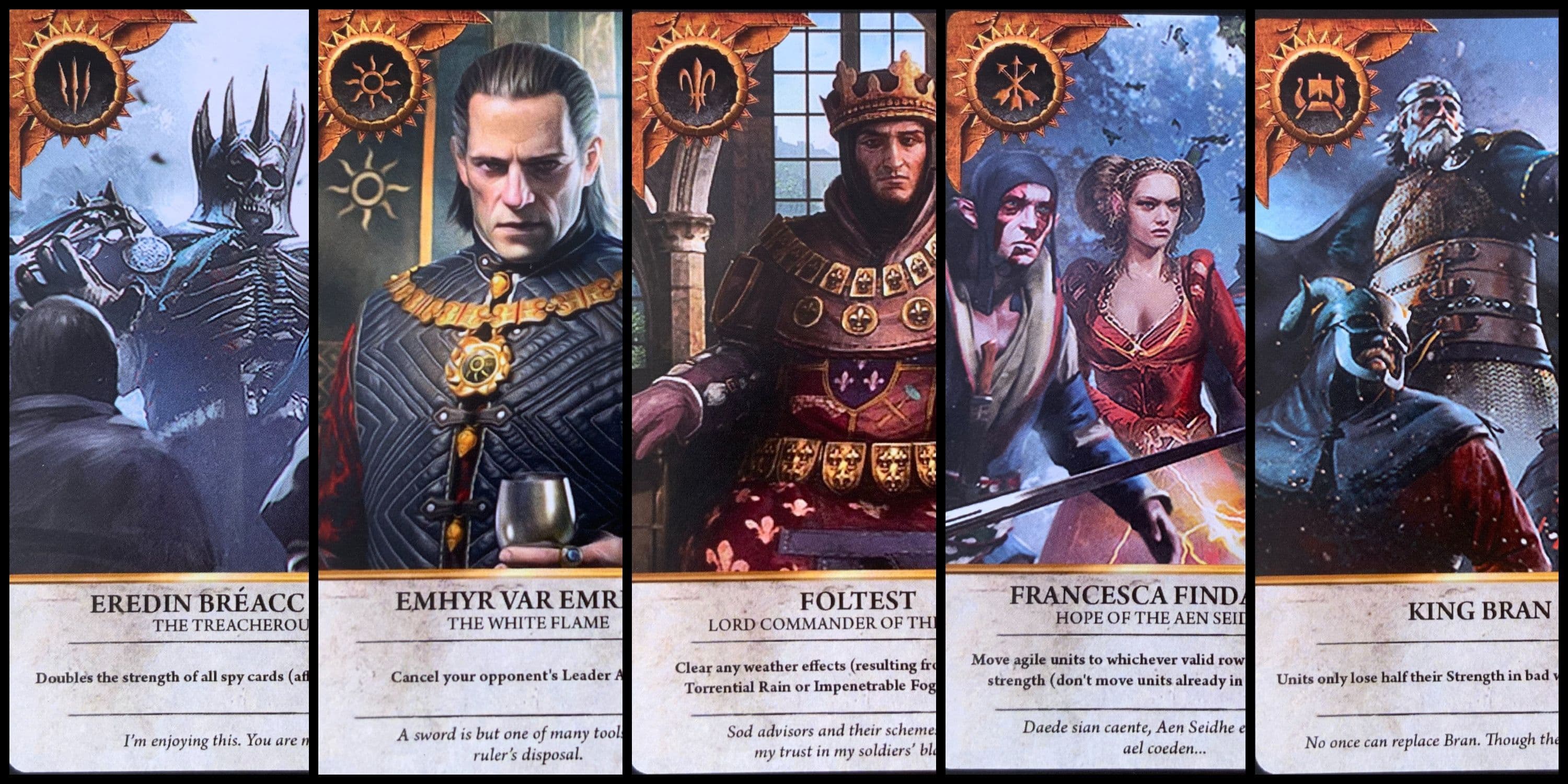 The Witcher 3 Gwent faction leader cards including Eredin, Emhyr, Foltest, and Francesca.