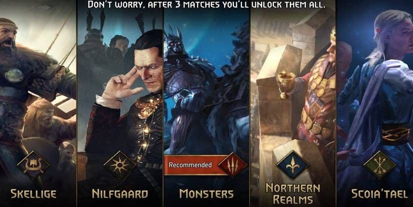 A selection of different Gwent factions available in The Witcher 3 Wild Hunt