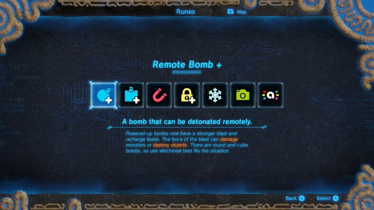 The Sheikah Slate interface in Breath of the Wild showing the Remote Bomb plus upgrade and combat rune descriptions.