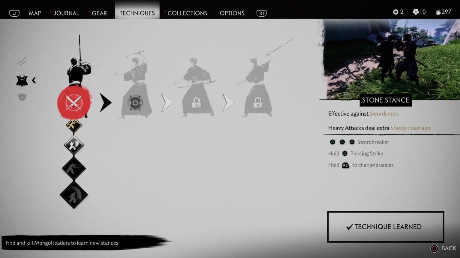 The Ghost of Tsushima combat menu displays the Stone Stance progression and requirements for fighting Mongol leaders.